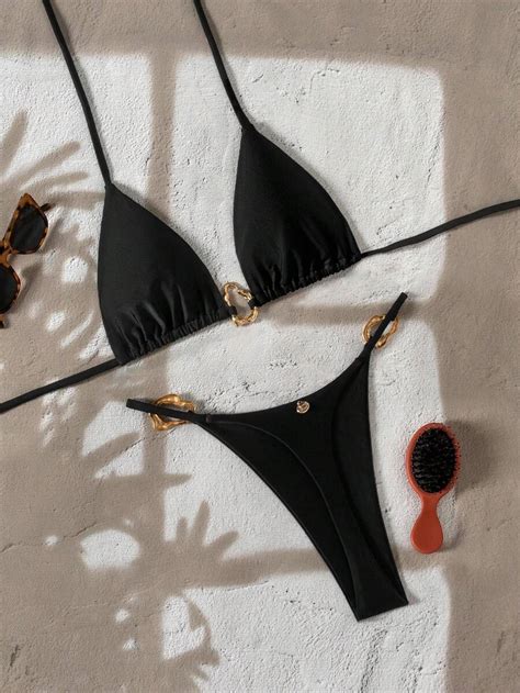 Swim Chiccia Women S Fashion Solid Color Halter Backless Metal Decor Sexy Triangle Black Bikini