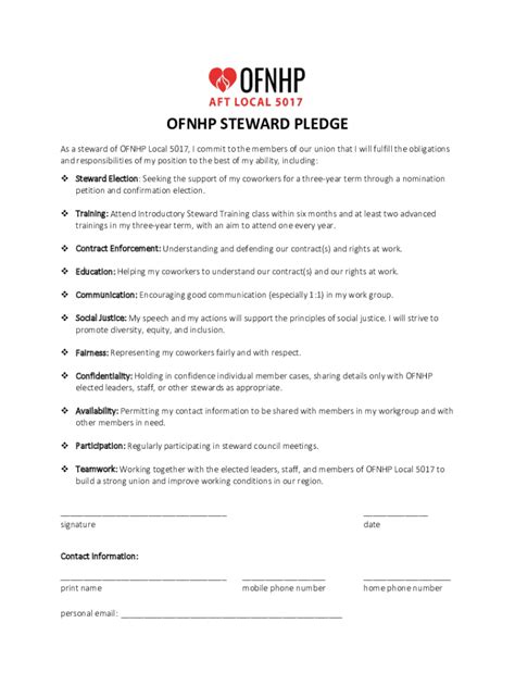 Fillable Online Ofnhp Aft OFNHP STEWARD PLEDGE Fax Email Print PdfFiller