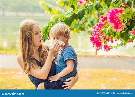 La Maman Regarde Son Fils Qui Est Allergique Au Pollen Image Stock Image Du Fleur Gosse