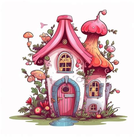 Premium AI Image Cartoon Fairy House With A Pink Roof And A Blue Door