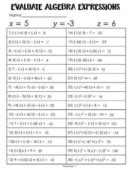 Evaluating Algebraic Expressions Worksheets Integers 30 Pages