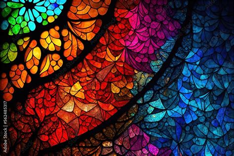 A Colorful Stained Glass Window With A Rainbow Pattern On It S Side And