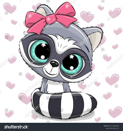 Cute Cartoon Raccoon Girl On Hearts Stock Illustration 2123682020