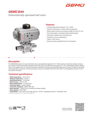 Gemu B Pneumatically Operated Ball Valve Datasheet Manualzz