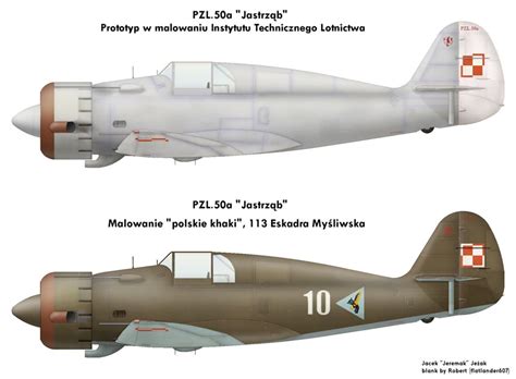 Rysunki PZL 50 Jastrząb w różnych malowaniach prototyp nigdy nie