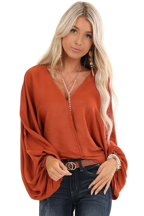 Burnt Orange Satin Surplice Long Bubble Sleeve Blouse Front Close Up