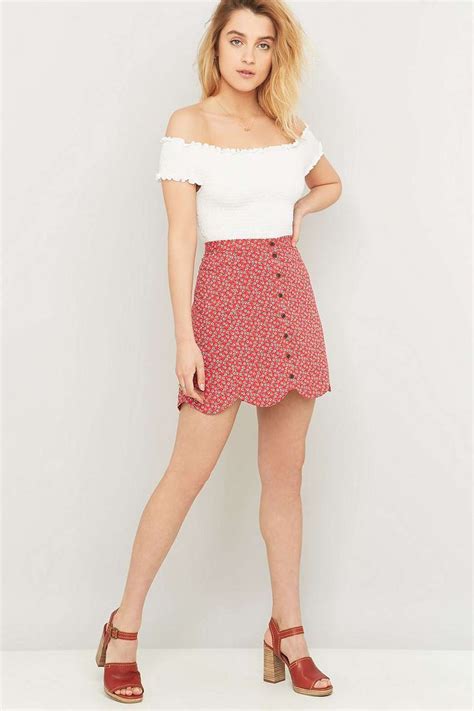 Urban Outfitters Scallop Edge Red A Line Floral Skirt Red A Line