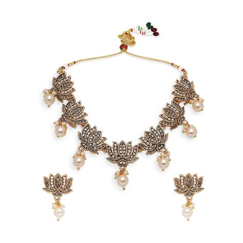 Oomph Antique Gold Tone Delicate Pearls Stones Lotus Necklace Set