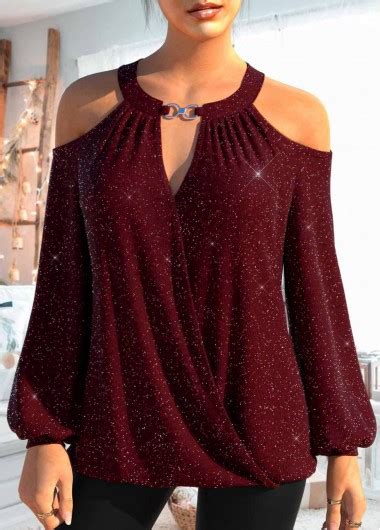 ROTITA Cut Out Wine Red Round Neck Long Sleeve Shirt Rotita USD