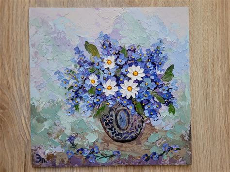 Bouquet Painting Flower Original Art Forget-me-nots Painting Floral Wall Art Autumn Flowers ...