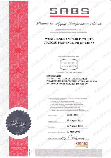 Sabs Certificate Jiangnan Cable