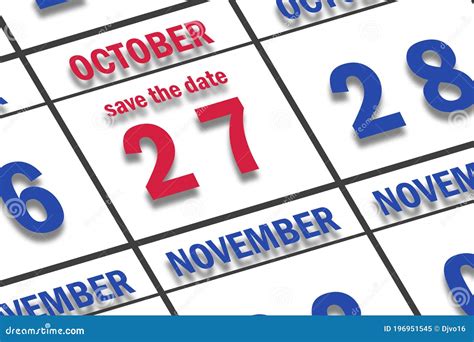 October 27th Day 27 Of Month Date Marked Save The Date On A Calendar