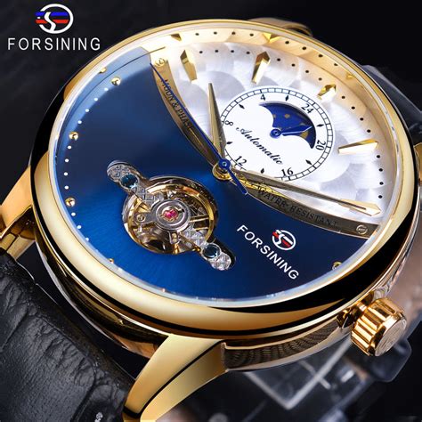 Forsining Tourbillon Biru Automatik Jam Tangan Lelaki Klasik Moonphase