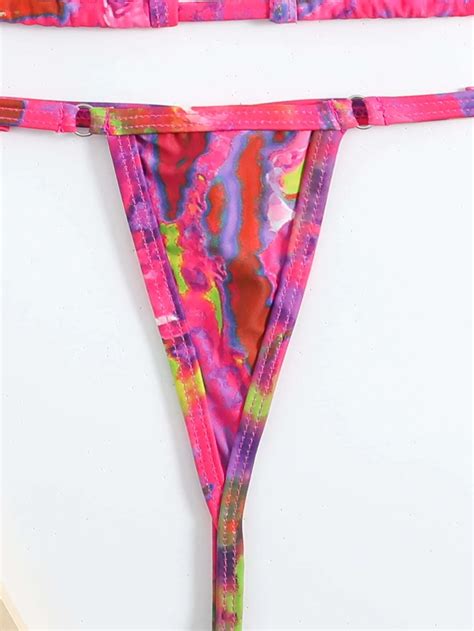 Tie Dye Bikini Set Halter Micro Triangle Bra V String Bikini Bottom