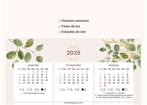 Calendário 2025 para imprimir A4 Obah Digital