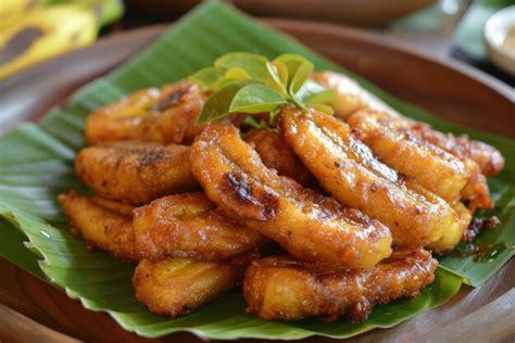 Premium Photo | Fried banana on banana leaf plate Tropical dessert