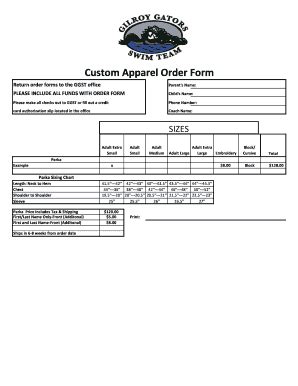 Fillable Online Gilroygators Custom Apparel Order Form Gilroy Gators