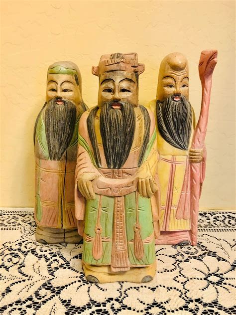 Vintage Antique 3 Immortals Hand Carved Wooden Statues Fuk Luk Sau Hand