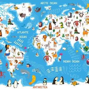 Cartoon Animals World Map Wallpaper, Great for Kids, Educational Game ...