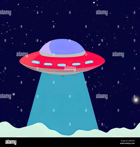 2D flat illustration of UFO in space with beam from below. Minimalist ...