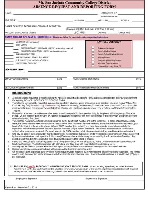 Fillable Online Absence Request And Reporting Form For Msjc Employees