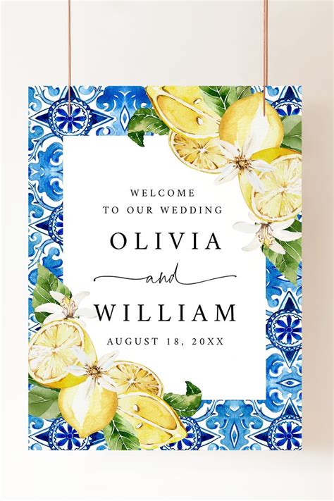 Blue Tiles Lemon Wedding Welcome Sign Italian Mediterranean Amalfi