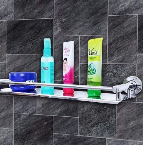 Silver Rectangular Wall Mounted Stainless Steel Shelf For Bathroom At