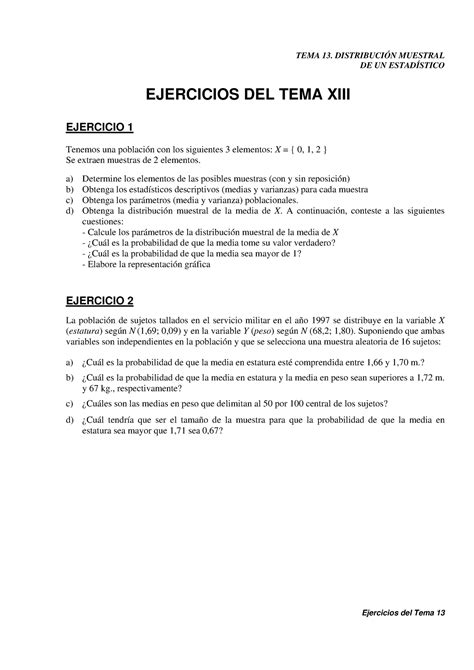 Ejercicios Distribucion Muestral Tema 13 DistribuciÓn Muestral De Un EstadÍstico Ejercicios