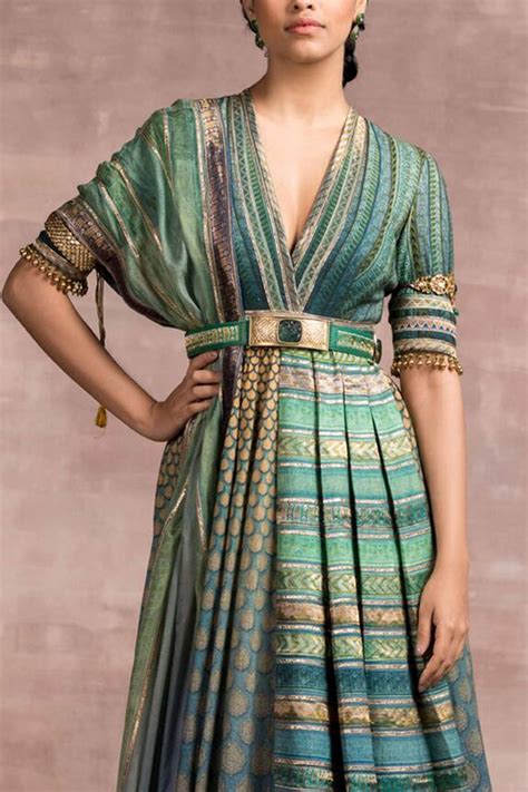 Buy Tarun Tahiliani Green Stretch Net Printed Anarkali Set Online Aza