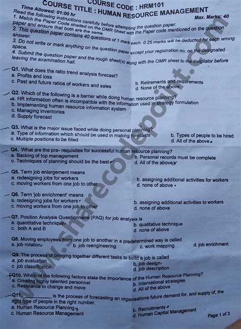 HRM101 Human Resource Management Mid Term Exam Question Paper HRM