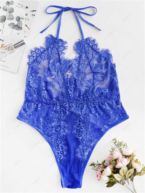 23 OFF 2021 Halter Lace Eyelash Backless Lingerie Teddy In TRON BLUE ZAFUL