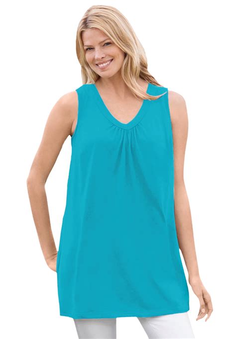 Woman Within Womens Plus Size Perfect Sleeveless Shirred V Neck Tunic