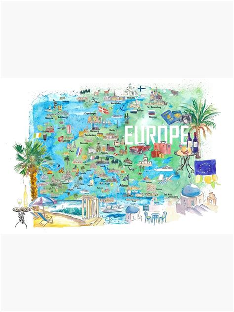 "Europe Illustrated Travel Map with Tourist Highlights and Attractions ...