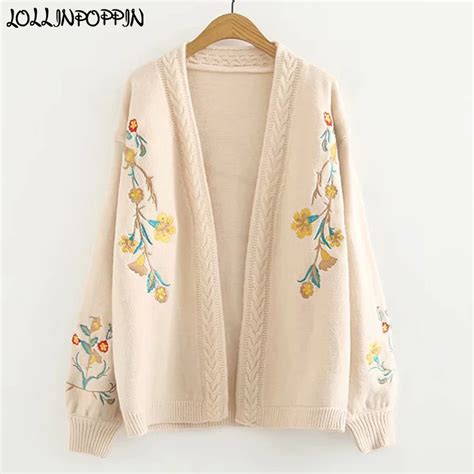 Women Floral Embroidery Cardigan Sweater Open Stitch Vintage Mori Style Cable Knit Sweaters