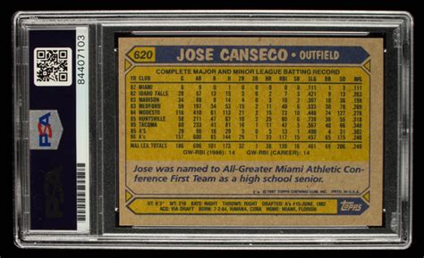 Jose Canseco Signed 1987 Topps 620 PSA Encapsulated Pristine Auction