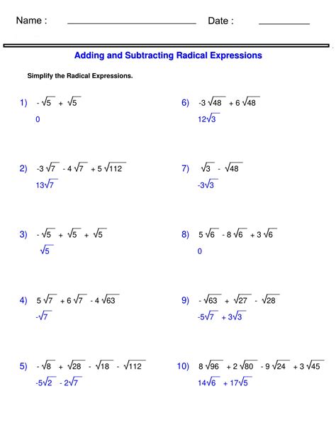 Radicals Worksheets Adding And Subtracting Radical Expressions Made