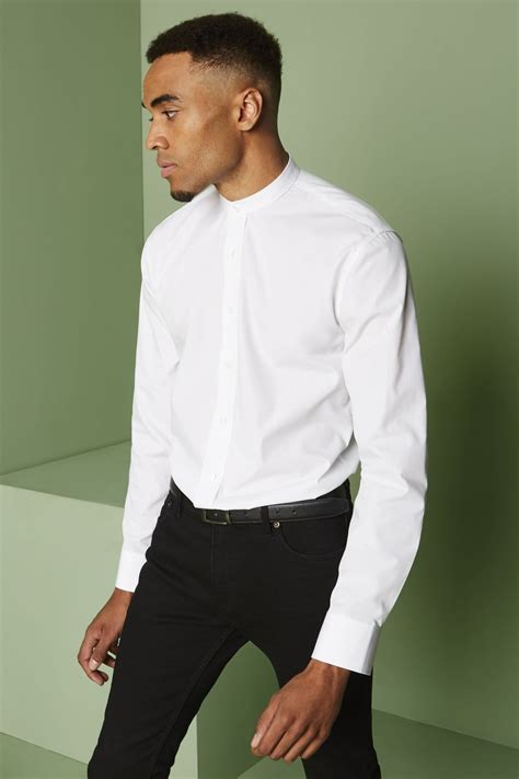 Men S Long Sleeve Banded Collar Shirt White Hotels Hospitality