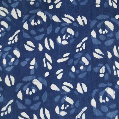 Jaipur Village Craft Indigo Blue Flower Hand Block Print Flower Design Cambric Cotton Fabric