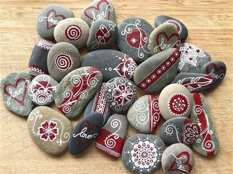 Red Mandala Hand Painted Rocks Red Painted Stone Wedding Favors Place