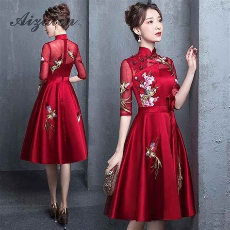 Robe Traditionnelle Chinoise Brod E Rouge Qipao De Mari E Cheongsam