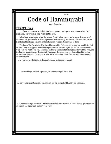 The Law Code Of Hammurabi Worksheet Answer