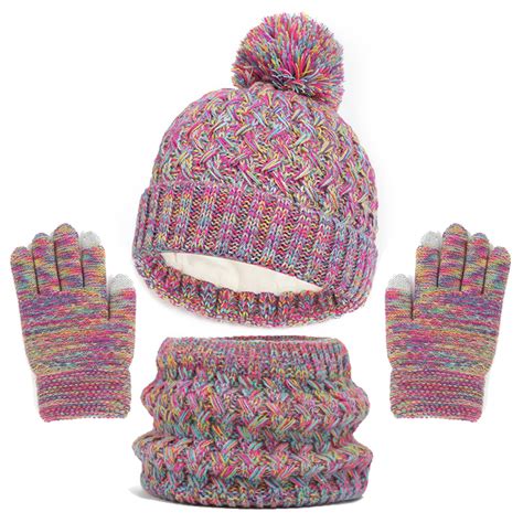 Kids Winter Hat Gloves Scarf Set Girls Toddler Children Hats With Pom ...