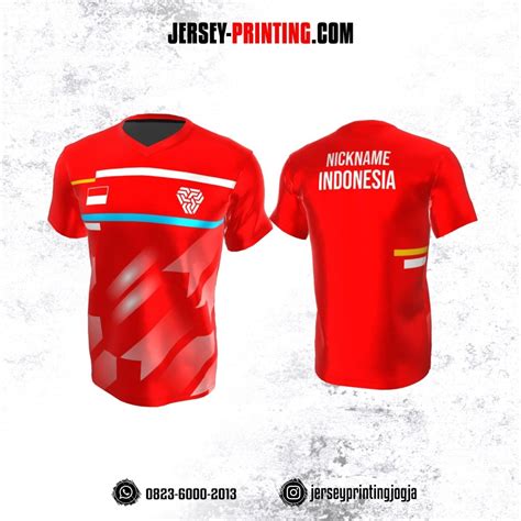 Jersey Badminton Merah Putih Garis Putih Biru Kuning Jersey Printing