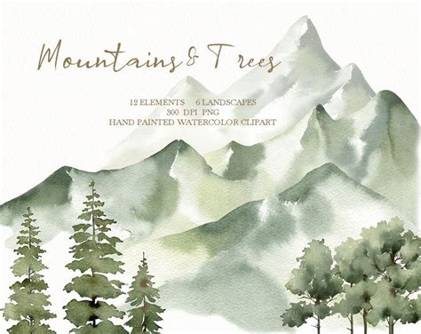 Watercolor Landscape Clipart Mountain Background Forest Tree Woodland