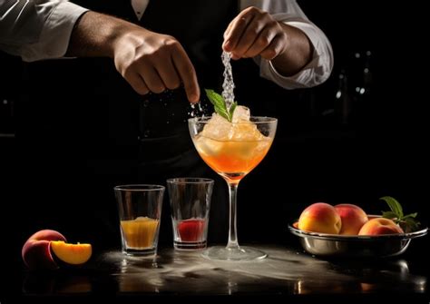 A Bartender Pouring Peach Schnapps Into A Sex On The Beach Cocktail Capturing The Mixing Process