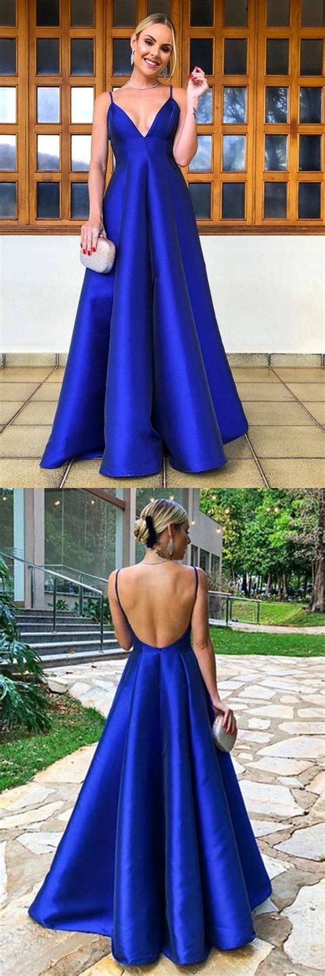 Simple A Line V Neck Backless Royal Blue Satin Long Prom Dress V Neck