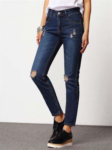 Blue Ripped Denim Casual Pant SheIn Sheinside