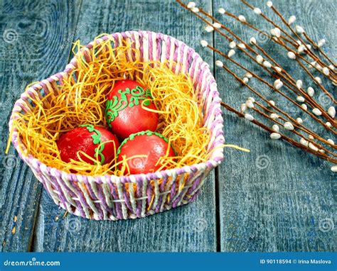 Easter Pussy Willow And Easter Egg On Authentic Background Happy