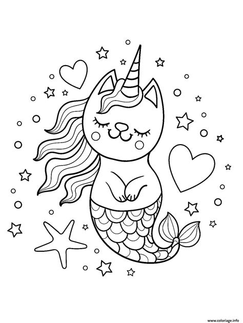 Coloriage Chat Licorne Sirene Kawaii JeColorie