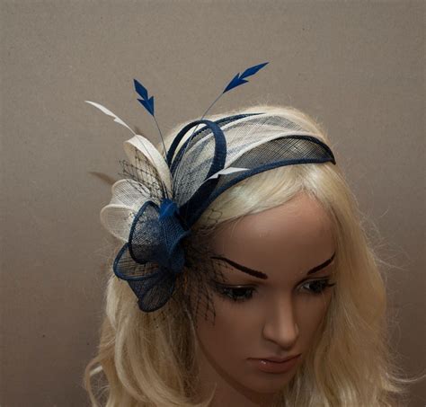 Navy Blue And White Elegant Fascinator For The Weddings Etsy